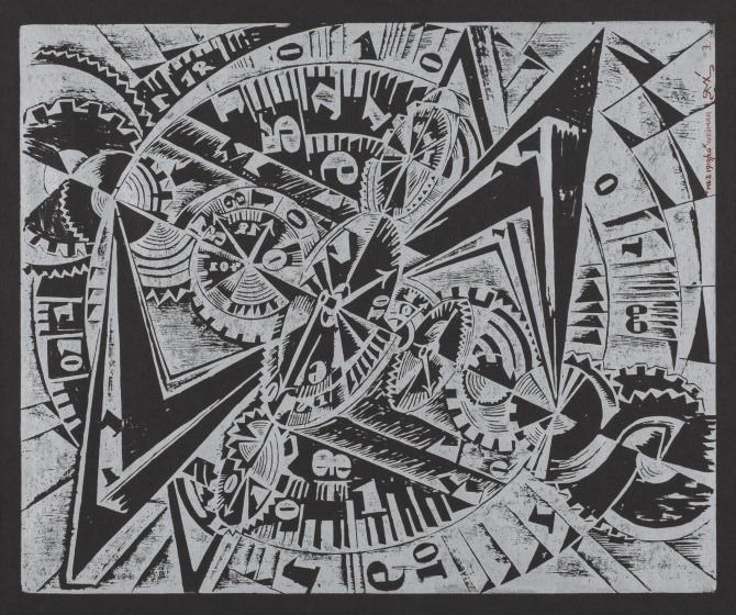 A woodcut of abstract clocks and clock pieces winding around each other