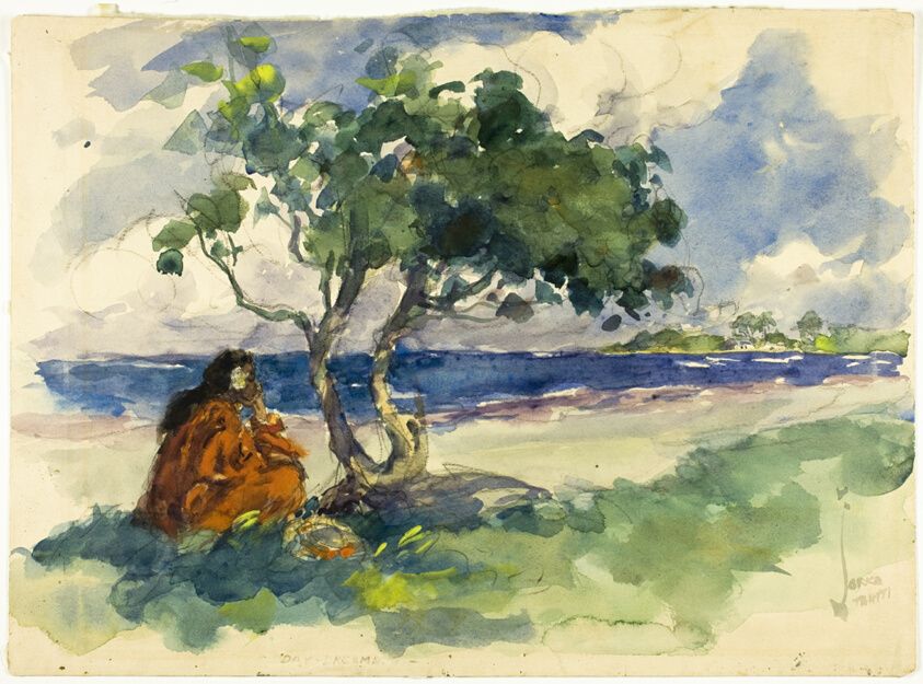 A watercolor painting of a Black woman with a flower in her hair, sitting in the shade of a tree by a body of water.